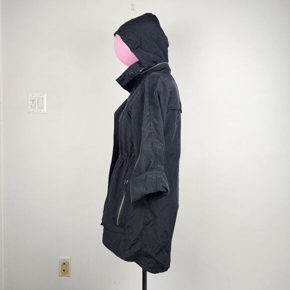 Black Hooded Trench Coat Lightweight Zip up Jacket Windbreaker Roll-tab Sleeve - Picture 14 of 16